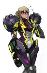  1girl 33dot absurdres arm_cannon blush flying_sweatdrops gravity_suit green_eyes hand_on_own_chest highres looking_to_the_side metroid metroid_dread ponytail power_armor power_suit samus_aran simple_background standing weapon white_background 