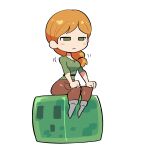  1girl alex_(minecraft) blush_stickers boots brown_pants dildo_reveal green_eyes green_shirt highres implied_penetration long_hair minecraft narrowed_eyes orange_hair pants rariatto_(ganguri) shirt simple_background sitting slime_(minecraft) solo unamused white_background 
