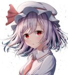  1girl absurdres blush bow collared_shirt dfd embodiment_of_scarlet_devil frilled_shirt_collar frills hat highres light_blush light_purple_hair mob_cap neckerchief open_mouth red_eyes red_neckerchief remilia_scarlet ribbon shirt short_hair short_sleeves simple_background solo touhou white_background white_headwear white_shirt 