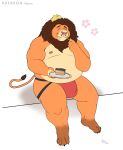  2023 absurd_res anthro belly big_belly bulge cake clothing dessert eating felid food hi_res jockstrap lion male mammal moobs nipples pantherine sato_afroleone sitting solo underwear 