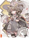  1girl alternate_costume animal_ears arknights bird_ears blush borrowed_design bright_pupils brown_eyes brown_hair hat highres jewelry knees_out_of_frame long_sleeves necklace pixelated round_eyewear saucer_(saucer752) silence_(arknights) solo standing star-shaped_pupils star_(symbol) symbol-shaped_pupils thighhighs transparent white_pupils wide_sleeves 
