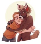  anthro bovid caprine clothing duo embrace hair hug human hybrid luka_o&#039;lafferty male mammal orange_clothing orange_shirt orange_topwear red_hair sheep shirt teeth topwear 