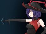  1girl aoe_(tiranporan) armpits bangs bare_shoulders black_headwear bow character_request copyright_request elbow_gloves electricity gloves gradient_background hat hat_bow hat_ribbon highres medium_hair nagae_iku open_mouth outstretched_arm purple_hair red_eyes ribbon touhou 