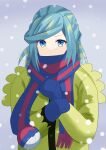  1boy absurdres blue_eyes blue_mittens blue_scarf commentary_request eyelashes green_hair grey_background grusha_(pokemon) highres jacket kanna_hm33 long_sleeves male_focus poke_ball_print pokemon pokemon_(game) pokemon_sv scarf scarf_over_mouth snowing solo striped striped_scarf upper_body yellow_jacket 