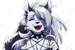  2021 anthro bust_portrait canid canid_demon cheek_tuft chest_tuft circle_eyebrows collar demon eyebrows eyes_closed facial_tuft fangs female fur hair happy hellhound helluva_boss loona_(helluva_boss) lovelesskiax mammal open_mouth open_smile portrait shoulder_tuft smile solo spiked_collar spikes teeth tuft white_body white_fur white_hair 