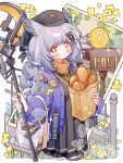  1girl ? arknights badge bag baguette black_dress blush bread bright_pupils dress fence food gold_trim grey_hair hat highres holding holding_bag holding_staff jacket jewelry knees_out_of_frame long_hair looking_at_viewer necklace orange_eyes paper_bag pixelated plant_request pleated_dress ptilopsis_(arknights) ptilopsis_(serenity)_(arknights) purple_jacket saucer_(saucer752) solo spoken_question_mark staff standing star-shaped_pupils star_(symbol) sweater symbol-shaped_pupils tree white_pupils 