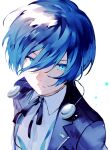  1boy bangs blue_eyes blue_hair gekkoukan_high_school_uniform hair_between_eyes headphones jacket looking_at_viewer lor_(roasyerizyonirapi) male_focus persona persona_3 school_uniform short_hair simple_background yuuki_makoto 