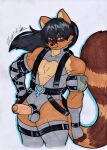  absurd_res anthro armor balls belt belt_bondage brown_body brown_fur canid canine clothed clothing erection foreskin fur genitals hair hi_res loose_belt male mammal muscular muscular_male penis raccoon_dog revealing_outfit rotten_owl simple_background solo tanuki traditional_media_(artwork) unconvincing_armor 