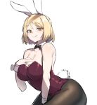  :&gt; animal_ears blonde_hair bow bowtie breasts character_request cleavage detached_collar fake_animal_ears fake_tail hand_on_own_chest in_(ain) large_breasts leotard pantyhose playboy_bunny rabbit_ears rabbit_tail red_leotard short_hair smile split_mouth tail wrist_cuffs yellow_eyes 