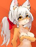  anthro big_breasts breasts canid canine female feral fox fur hair hi_res humanoid male male/male mammal orange_eyes ribbons ryogo simple_background solo tan_body white_body white_ears white_fur white_hair 