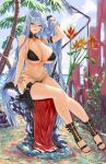  bikini black_bikini black_gloves blue_hair breasts commentary_request detached_collar gloves hand_in_own_hair highres holster large_breasts light_blue_hair long_hair palm_tree red_eyes selvaria_bles senjou_no_valkyria_(series) senjou_no_valkyria_1 shower_head sitting swimsuit thigh_holster toyoman tree 