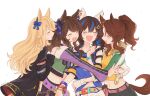  4girls animal_ears bead_bracelet beads belt black_coat blonde_hair blue_shirt blush bracelet breasts brown_hair closed_eyes coat collar cropped_jacket daitaku_helios_(umamusume) ear_bow ear_covers fang fingerless_gloves gloves gold_city_(umamusume) group_hug hair_ornament hairclip horse_ears horse_girl horse_tail hug jacket jewelry long_hair long_sleeves mejiro_palmer_(umamusume) midriff multicolored_hair multicolored_nails multiple_girls navel necklace off-shoulder_shirt off_shoulder open_clothes open_jacket open_mouth pony rio_(rio_067) shirt simple_background small_breasts smile streaked_hair tail tied_shirt tosen_jordan_(umamusume) turtleneck twintails twitter_username two-tone_hair umamusume upper_body white_background white_gloves white_jacket wristband yellow_shirt 