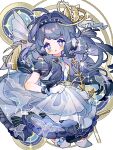  1girl :o animal_ears arknights astesia_(arknights) astesia_(frlibre_on_the_palace)_(arknights) bird_ears blue_eyes blue_hair blush bright_pupils dress frilled_dress frills full_body gloves hair_ornament highres long_hair looking_at_viewer pixelated saucer_(saucer752) solo sword weapon white_background white_dress white_gloves white_pupils 