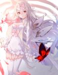  1girl arcaea bai-hyacinth bangs blurry bow breasts bug butterfly closed_mouth commentary_request crossed_bangs depth_of_field dress feet_out_of_frame flower garter_straps grey_hair hair_between_eyes hair_bow hair_flaps highres hikari_(arcaea) long_bangs long_hair long_sleeves looking_at_viewer pink_bow pink_flower pink_rose red_eyes rose sleeves_past_wrists small_breasts solo thighhighs thighs very_long_hair white_dress white_thighhighs 