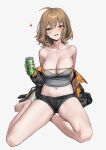  1girl ahoge anis_(nikke) bare_legs bare_shoulders barefoot beer_can black_shorts breasts brown_hair can cleavage crop_top goddess_of_victory:_nikke grey_shirt heart highres holding large_breasts looking_at_viewer micro_shorts midriff navel open_mouth orange_eyes shirt short_hair short_shorts shorts simple_background sitting skindentation smile solo stomach strapless strapless_shirt thighs tube_top white_background xi_xeong yokozuwari 