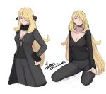  1girl black_coat black_pants black_shirt blonde_hair breasts cleavage closed_mouth cm_lynarc coat commentary cynthia_(pokemon) fur-trimmed_coat fur_collar fur_trim hair_ornament hair_over_one_eye hand_on_hip highres long_hair long_sleeves multiple_views pants pokemon pokemon_(game) pokemon_dppt shirt signature sitting v-neck very_long_hair wavy_hair white_background 