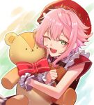  1boy :3 blush clothing_request ensemble_stars! green_eyes hat himemiya_touri holding holding_stuffed_toy looking_at_viewer male_focus mimimihako one_eye_closed pink_hair short_hair short_sleeves solo stuffed_animal stuffed_toy teddy_bear 