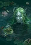  1girl blue_skin bug colored_skin dragonfly flower frog green_hair grin gwent_(game) highres lily_pad long_hair lotus naiad non-web_source pointy_ears smile teeth the_witcher_(series) water 