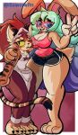  anthro bandanna big_breasts breasts clothed clothing duo eyewear felid female female/female fur glasses hair hi_res kerchief lagomorph leporid mammal open_mouth pantherine rabbit sawcraft1 shybun simple_background smile stripes thick_thighs tiger wide_hips 