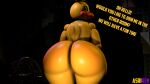  16:9 2021 3d_(artwork) absurd_res animatronic anthro asriren avian beak big_butt bird blue_eyes butt chicken detailed_background dialogue digital_media_(artwork) english_text female five_nights_at_freddy&#039;s five_nights_at_freddy&#039;s_2 galliform gallus_(genus) head_tuft hi_res huge_butt looking_at_viewer looking_back looking_back_at_viewer machine narrowed_eyes orange_beak phasianid robot rosy_cheeks runaboo_chica scottgames solo source_filmmaker tail tail_tuft text thick_thighs toy_chica_(fnaf) tuft watermark wide_hips widescreen yellow_body 