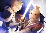  2girls ahoge armor armored_dress artoria_caster_(fate) artoria_caster_(third_ascension)_(fate) artoria_pendragon_(fate) bangs black_gloves blonde_hair blue_cape blue_dress blue_ribbon braid cape closed_eyes commentary crown dress excalibur_(fate/stay_night) fate/grand_order fate/stay_night fate_(series) french_braid from_side fur-trimmed_cape fur_collar fur_trim gauntlets gloves glowing glowing_sword glowing_weapon green_eyes hair_bun hair_ribbon highres holding holding_hands holding_sword holding_weapon long_sleeves looking_at_another mini_crown multiple_girls ponytail profile ribbon saber single_hair_bun sword weapon yamano_udumi 