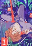  1boy bangs blue_pants blue_shirt e1voipius52iwof emiya_shirou fate/stay_night fate_(series) fern foliage gem holding holding_jewelry jewelry leaf looking_at_viewer lying on_back orange_eyes orange_hair pants pendant polearm shirt solo spear stab water weapon 