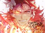  1boy black_nails body_markings fire granblue_fantasy highres long_hair male_focus multicolored_hair nail_polish post_guild_war_celebration red_eyes red_hair smile solo teeth ten_grabl translation_request twitter_username two-tone_hair upper_body white_hair wilnas_(granblue_fantasy) 