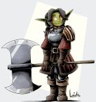  1girl armor artist_name axe black_hair boots breastplate brown_footwear colored_skin commentary earrings english_commentary female_goblin full_body goblin green_skin highres holding holding_axe huge_weapon jewelry knee_pads long_hair lumin_artz original pointy_ears signature single_earring slit_pupils smile solo weapon yellow_eyes 