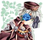  1boy bangs blue_flower blue_rose bow brown_coat brown_headwear closed_mouth coat commentary_request emblem expressionless flower flower_eyepatch flower_over_eye green_eyes grey_bow grey_hair hat looking_at_viewer lowres male_focus momozakura_nanao ragnarok_online rebellion_(ragnarok_online) rose short_hair solo striped striped_bow upper_body white_background 