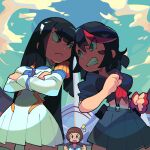  3girls bacun bangs black_hair black_shirt black_skirt breasts brown_hair cloud crop_top dress fingerless_gloves gloves green_eyes green_sky highres junketsu kill_la_kill kiryuuin_satsuki large_breasts long_hair long_sleeves looking_at_another mankanshoku_mako matoi_ryuuko miniskirt multicolored_hair multiple_girls navel outdoors pleated_skirt red_gloves red_hair senketsu shirt short_hair single_glove skirt streaked_hair thick_eyebrows two-tone_hair white_dress 