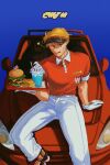 1boy america_(hetalia) axis_powers_hetalia blonde_hair blue_background blue_eyes burger food french_fries glasses gloves highres holding holding_tray ice_cream licking_lips lingxi077 looking_at_viewer male_focus mini_flag official_alternate_costume pants red_pants roller_skates sitting_on_car skates sundae tongue tongue_out tray visor_cap white_gloves white_pants 