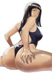  1girl absurdres arado_balanga_(xchd7538) ass ass_grab bangs black_hair blunt_bangs breasts competition_swimsuit covered_nipples from_behind grabbing_own_ass highres hime_cut huge_ass hyuuga_hinata large_breasts light_smile long_hair looking_at_viewer looking_back naruto naruto_(series) one-piece_swimsuit puffy_nipples simple_background sitting solo straight_hair swimsuit thighs wariza white_background white_eyes 