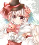  1girl :3 alternate_color bangs black_headwear blush bow breasts cleavage closed_mouth commentary_request detached_sleeves grey_hair hairband hat hat_bow looking_at_viewer lowres medium_breasts momozakura_nanao official_alternate_costume pink_eyes poring ragnarok_online ranger_(ragnarok_online) red_bow red_hairband scarf short_hair smile solo top_hat underbust upper_body white_scarf white_sleeves 