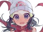  1girl beanie black_hair blush commentary_request dawn_(pokemon) floating_hair floating_scarf grey_eyes hair_ornament hairclip hat long_hair looking_at_viewer open_mouth poke_ball_print pokemon pokemon_(game) pokemon_dppt portrait red_scarf scarf solo sumeragi1101 sweat white_background white_headwear 