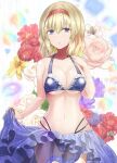  1girl alice_margatroid bangs bikini blonde_hair blue_bikini blue_eyes blue_skirt breasts cleavage clothes_pull commentary_request flower frilled_skirt frills hairband large_breasts looking_at_viewer navel parted_lips pink_flower pulled_by_self red_flower red_hairband short_hair skirt skirt_pull solo swimsuit touhou y2 