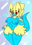  anthro big_breasts blonde_hair blue_body breasts claws eyebrows female fur generation_3_pokemon genitals gesture hair hi_res lewdchuu_(artist) manectric navel nintendo pokemon pokemon_(species) pussy red_eyes solo v_sign yellow_body yellow_fur 