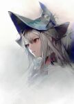  1girl arknights bangs blue_headwear closed_mouth grey_background grey_hair hat highres long_hair portrait red_eyes simple_background skadi_(arknights) skadi_the_corrupting_heart_(arknights) solo yyb 