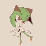  1girl bangs blush bob_cut bright_pupils brown_background clothed_pokemon colored_skin commentary_request flat_chest from_side full_body green_hair green_skin hair_between_eyes happy highres kirlia leg_up legs light_blush looking_back looking_down multicolored_skin open_mouth partial_commentary pink_footwear pokemon pokemon_(creature) red_eyes shiraha_(siraha_79) shoes short_hair sidelocks simple_background sketch smile solo standing standing_on_one_leg two-tone_skin white_pupils white_skin 