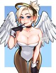  1girl black_choker black_gloves blonde_hair blue_eyes blushyspicy breasts choker gloves halo hand_up high_ponytail highres large_breasts long_hair looking_at_viewer mechanical_halo mercy_(overwatch) overwatch smile solo wings 