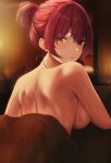  1girl back bare_shoulders bed_sheet breasts hair_bun haro_art heterochromia hololive houshou_marine indoors large_breasts looking_at_viewer looking_back naked_sheet nude parted_lips red_eyes red_hair sideboob solo sweat virtual_youtuber yellow_eyes 