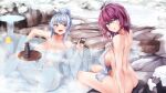 2girls ass bath blue_eyes blue_hair blush bottle breasts day fang from_behind holding irohara large_breasts looking_at_viewer looking_back multiple_girls naked_towel nude onsen open_mouth original outdoors purple_hair short_hair sideboob sitting skin_fang snow spread_legs towel water winter yellow_eyes 