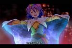  1girl :d bag bangs blue_hair blurry blurry_background cape closed_eyes english_commentary facing_viewer hair_between_eyes highres letterboxed multicolored_clothes multicolored_hairband open_mouth outstretched_arms patchwork_clothes short_hair smile solo starry_sky_print tenkyuu_chimata touhou translation_request upper_body white_cape xiebaowang 