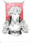  1girl 2019 absurdres breasts cape commentary cropped_torso double_bun edelgard_von_hresvelg fire_emblem fire_emblem:_three_houses garreg_mach_monastery_uniform hair_bun hatching_(texture) highres ink_(medium) looking_to_the_side marker_(medium) medium_breasts monochrome ravenhart sidelocks signature solo spot_color traditional_media upper_body 