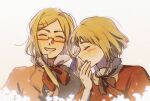  2girls axis_powers_hetalia blonde_hair blush bob_cut bow braid glasses goldphage hair_ornament hand_to_own_mouth happy laughing liechtenstein_(hetalia) long_hair monaco_(hetalia) multiple_girls open_mouth short_hair single_braid smile white_background 