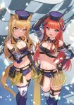  2girls absurdres animal_ears arknights arm_up arpeggio_kaga ass_visible_through_thighs bagpipe_(arknights) bagpipe_(arknights)_(cosplay) bagpipe_(queen_no._1)_(arknights) bangs bare_shoulders belt_pouch black_gloves blonde_hair blue_headwear blue_shorts blue_thighhighs blunt_bangs breast_hold breasts cleavage clothing_cutout commission cosplay crop_top fingerless_gloves frown gloves green_eyes hand_on_hip hat highres horn_(arknights) horns long_hair long_sleeves looking_at_viewer medium_breasts micro_shorts midriff miniskirt multiple_girls navel official_alternate_costume open_mouth orange_hair pleated_skirt pouch purple_eyes race_queen revealing_clothes see-through shorts shoulder_cutout showgirl_skirt skeb_commission skirt standing stomach tail thigh_gap thigh_strap thighhighs thighs v-shaped_eyebrows white_thighhighs wing_collar wolf_ears wolf_tail 
