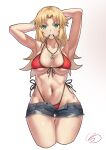  1girl alternate_breast_size armpits arms_behind_head arms_up bangs bikini blonde_hair breasts breasts_apart collarbone cropped_legs denim denim_shorts fate/grand_order fate_(series) ge_(zmq67911029) green_eyes highleg highleg_bikini large_breasts long_hair looking_at_viewer mordred_(fate) mordred_(swimsuit_rider)_(fate) mouth_hold navel parted_bangs red_bikini shorts side-tie_bikini_bottom signature simple_background solo swimsuit untied untied_bikini wet 