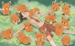  1girl bangs braid brown_hair closed_eyes closed_mouth collared_shirt commentary_request day flower furukawa_raku grass highres juliana_(pokemon) lying necktie on_back on_head orange_necktie orange_shorts outdoors outstretched_arms pawmi pokemon pokemon_(creature) pokemon_(game) pokemon_on_head pokemon_sv shirt short_sleeves shorts smile yellow_flower 