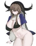  1girl :3 animal_ears arknights arm_support bangs bikini bikini_top_only black_bikini blush bottomless breasts brown_hair cleavage closed_mouth cow_ears cow_girl cow_horns grey_eyes highres horns large_breasts leaning_to_the_side long_hair long_sleeves looking_at_viewer navel pallas_(arknights) sitting smile solo swimsuit unknownnoname0 veil 