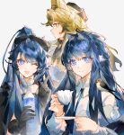  3girls ;d animal_ear_fluff animal_ears animal_on_shoulder arknights astesia_(arknights) astgenne_(arknights) bird bird_on_shoulder black_cape black_gloves blonde_hair blue_eyes blue_hair bottle bright_pupils cape cat_ears closed_mouth collared_shirt cup diamond-shaped_pupils diamond_(shape) gloves goggles goggles_on_head grey_background hair_between_eyes highres holding holding_bottle holding_cup holding_plate long_hair long_sleeves looking_ahead looking_at_viewer multiple_girls one_eye_closed open_mouth plate ponytail profile quercus_(arknights) shirt simple_background sleeve_cuffs smile split_mouth symbol-shaped_pupils teacup upper_body white_pupils white_shirt yellow_eyes yellow_shirt yuji_(fantasia) 