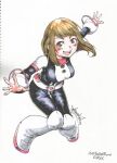  2018 absurdres boku_no_hero_academia boots breasts brown_eyes brown_hair commentary english_commentary eyebrows_hidden_by_hair full_body highres ink_(medium) inktober knees_together_feet_apart large_breasts marker_(medium) open_mouth outstretched_arms ravenhart signature smile traditional_media uraraka_ochako 
